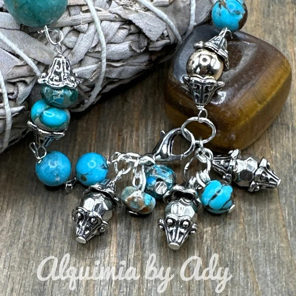 Turquoise silveycharms rosary link adjustable dainty bracelet maximalist - Picture 3 of 12